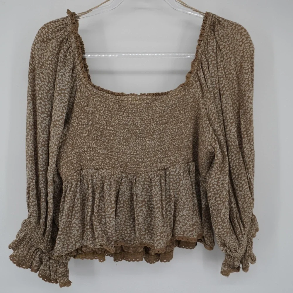 Free People Olive Floral Peasant Top